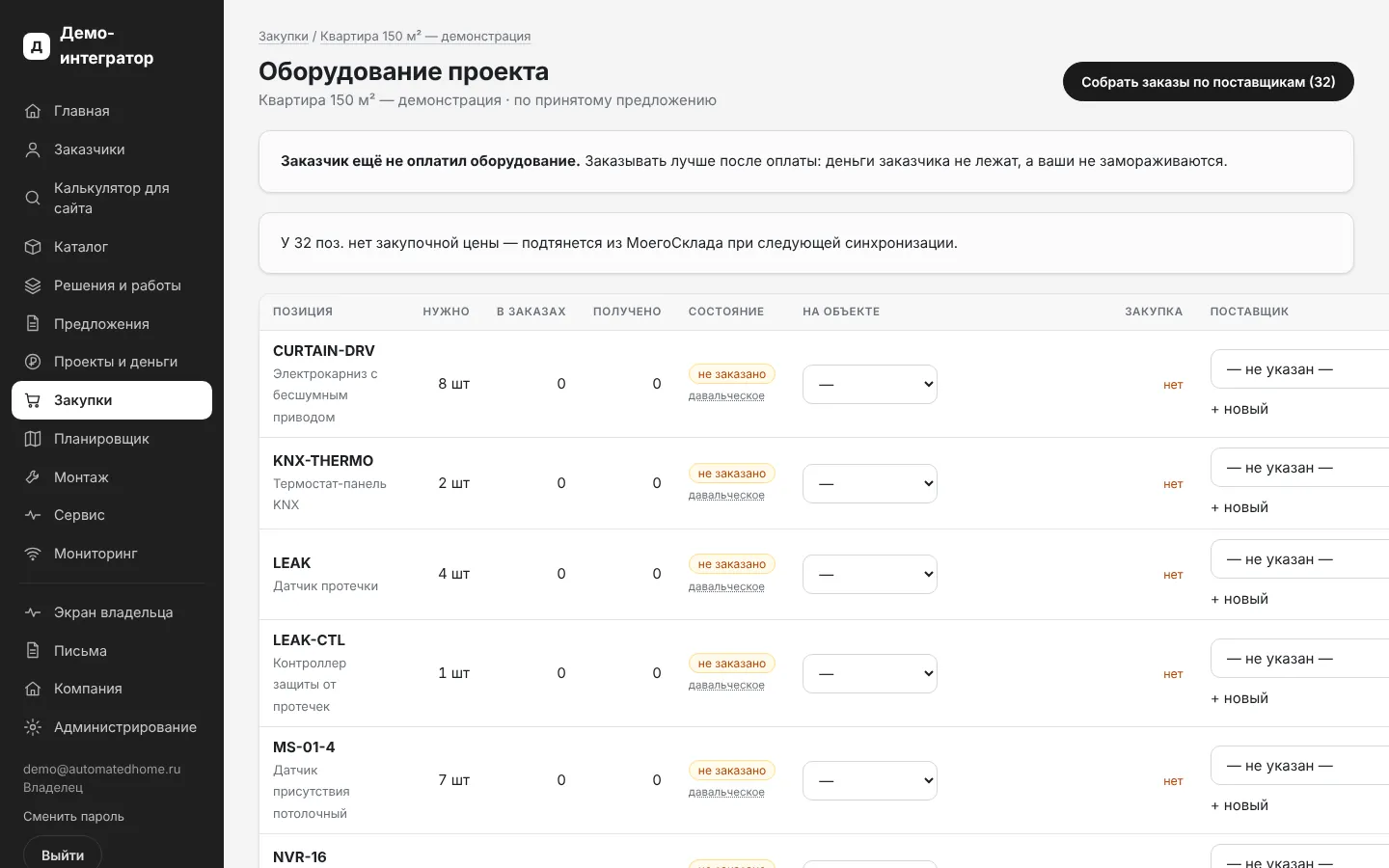 Оборудование проекта: позиции, поставщики, состояние заказа
